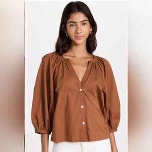 Staud New Dill Top Blouse Button Up Puff Sleeve Tan Cinnamon Sienna Size Small
